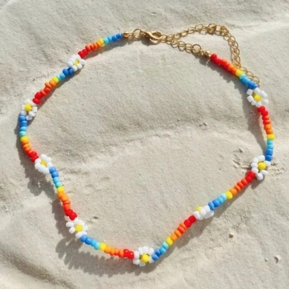 NEW! Dainty “Poppy” Beaded Rainbow Flower Necklace - Picture 6 of 11